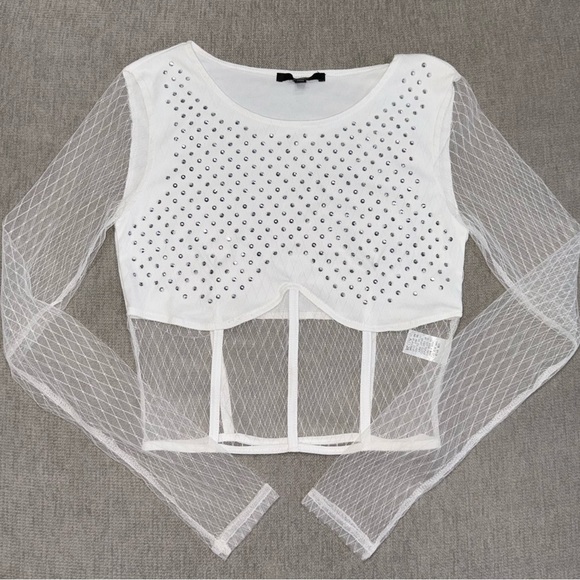 White Rhinestone Mesh Corset Crop Top - Picture 4 of 7